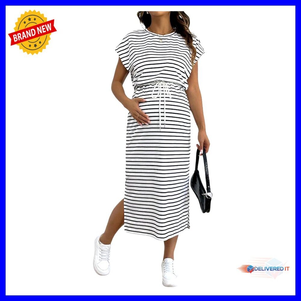Maternity Midi Dress Striped Tie Front Crew Neck Cap Sleeve Casual